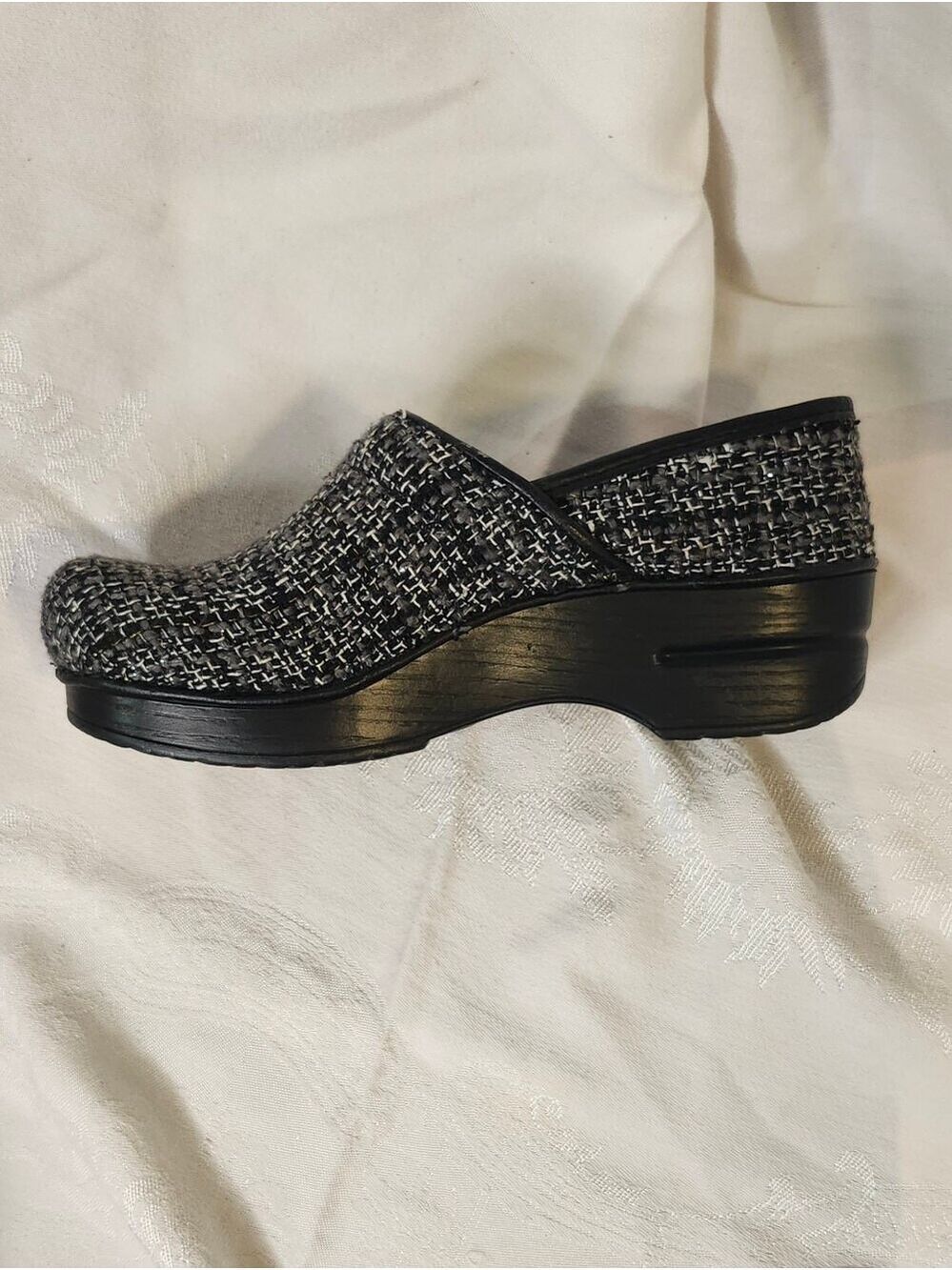 Dansko Black and Cream Slip-On Tweed Clog